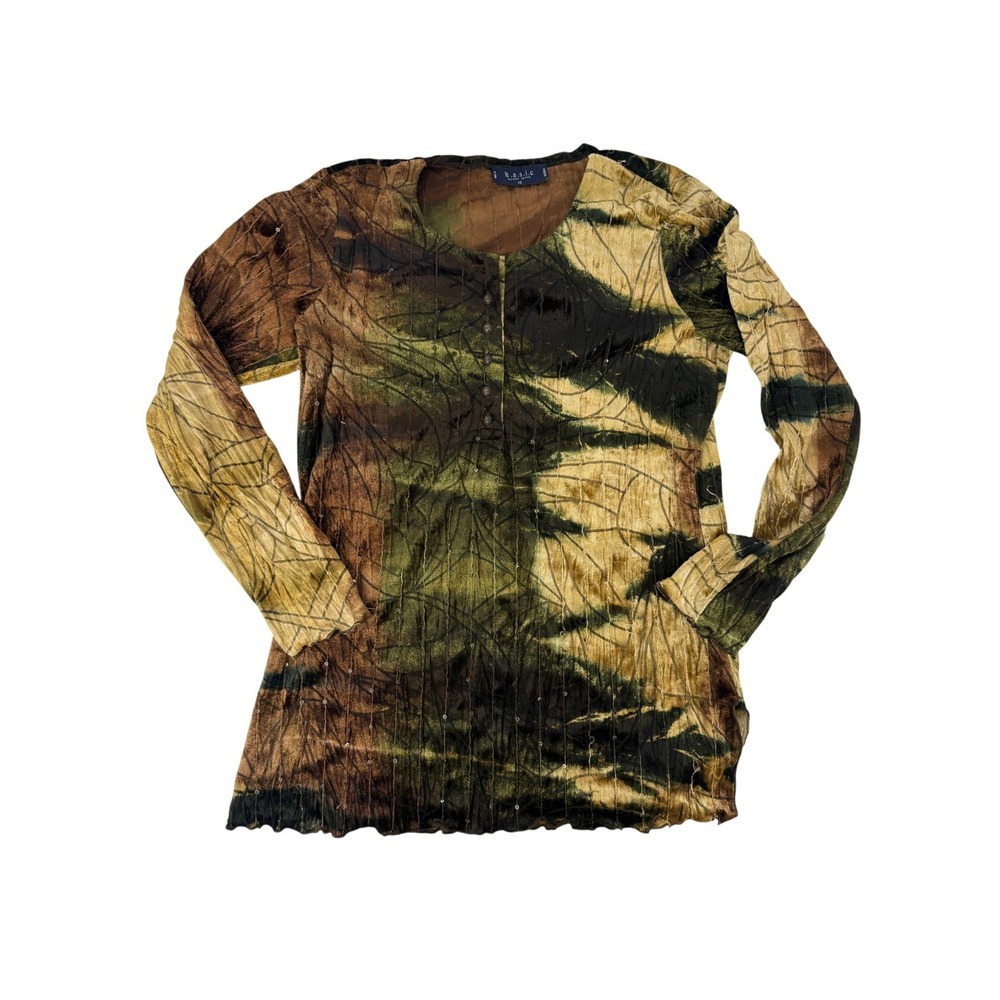 Gordon Smith Basic Y2K Vintage Brown Green Tie Dye Crinkle Sequin Top Bohemian